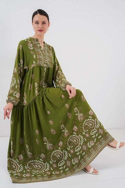 Aymood 2423 Authentic Patterned Hijab Dress - D.Khaki