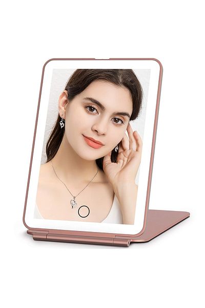 Choice Pink LED Foldable Travel Makeup Mirror 3 Colors Light Modes USB Rechargeable Touch Screen Portable T