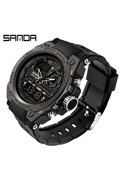 Choice 6024 ساعة يد رياضية كوارتز سوداء للرجال من SANDA بشاشة مزدوجة LED إلكترونية رقمية مقاومة للماء