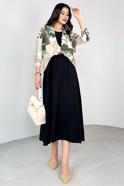 Cappmoda ELB-01799 Καλοκαιρινό φόρεμα από ύφασμα Aerobin με πράσινο μοτίβο πουκάμισο με λεπτομέρεια
