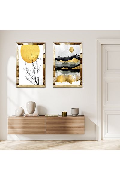 Zevahir Mobilya Dekorasyon GOLD MIRROR PLEXY FRAME COLLAGE DRAWING MOUNTAINS DALI ΔΙΑΚΟΣΜΗΤΙΚΟ ΔΙΠΛΟ ΣΕΤ ΠΙΝΑΚΙΔΩΝ MDF