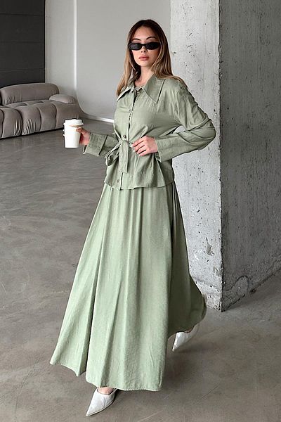 Olcay Set de haine cu fustă cu detaliu de centură VERDE DESCHIS 9348-TK