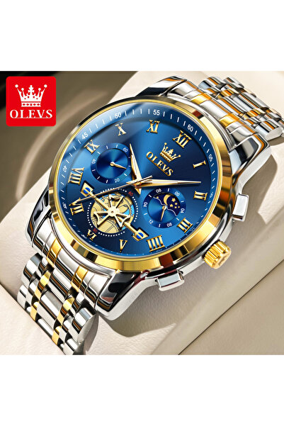 Choice ساعة OLEVS للرجال باللون الذهبي والأزرق بتصميم توربيون وعصري أصلي من ا...