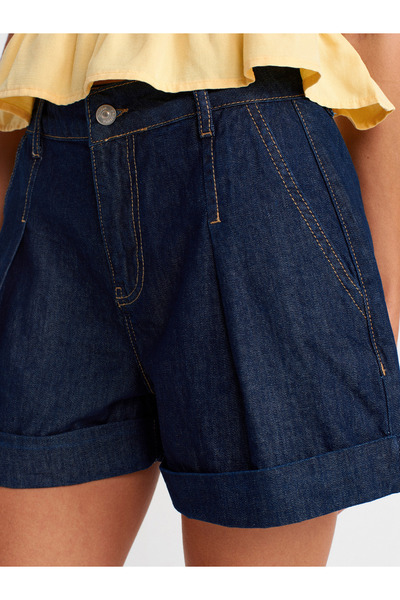 Dilvin 71990 Paçası Kıvrık Pileli Denim Şort-Lacivert