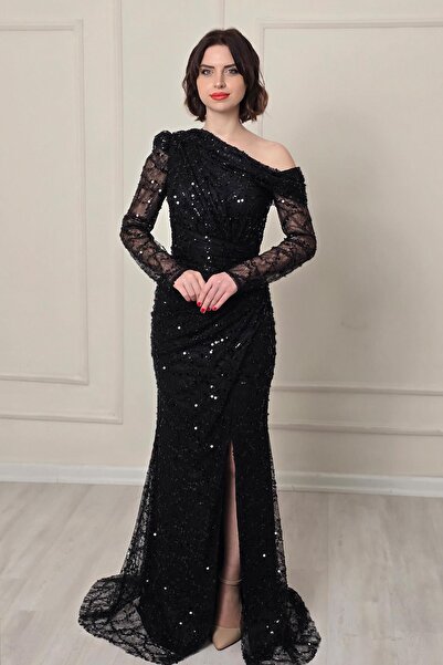 Yonca Moda Evi Siyah Düşük Yaka Tek Omuz Abiye 5315