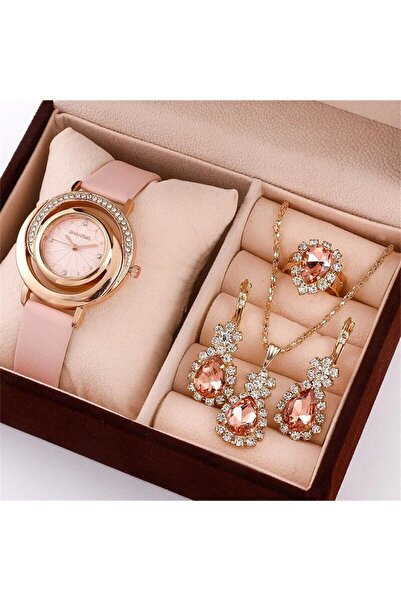 Choice1 Pink 5PCS Set Luxury Watch Women Ring Necklace Earring Rhinestone Fashion Wristwatch Casual Ladies W