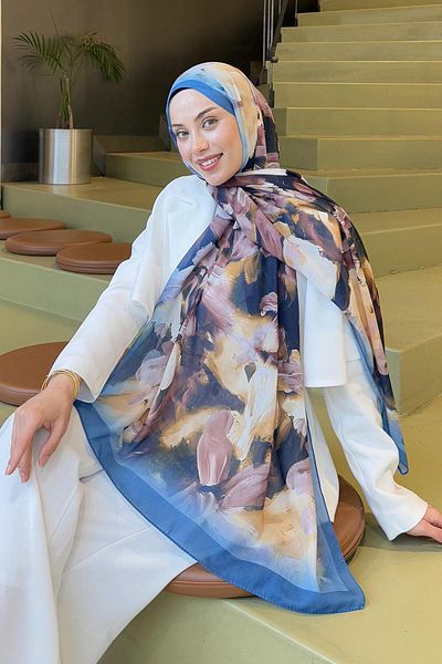 lamelif Şal din bumbac cu model elegant, albastru denim