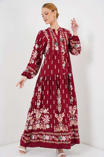 Aymood 2423 Rochie Hijab Autentică cu Motiv - H. Roșu Claret