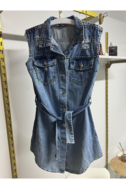 SEVA TEKSTİL Zımbalı Önden Düğmeli Tasarım Mavi Jean Elbise