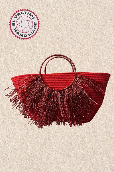 Uretti - Ayşe 4723 2151 Handmade Tress Rope Round Metallic Rope Handle Tassel Detailed Beach Bag - K