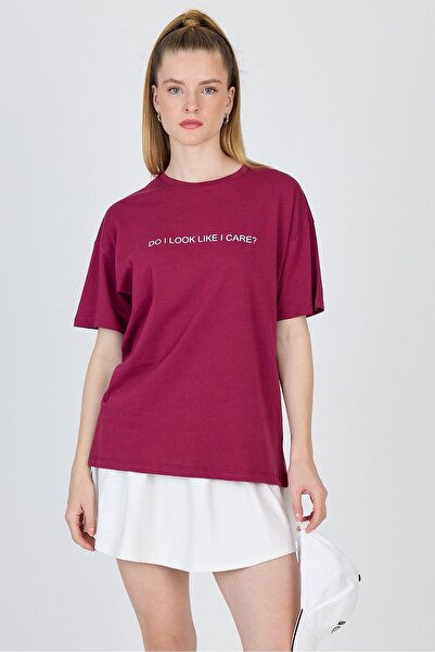 Rays تي شيرت كبير الحجم مطبوع عليه نص عنابي 100% قطن 2150-5M