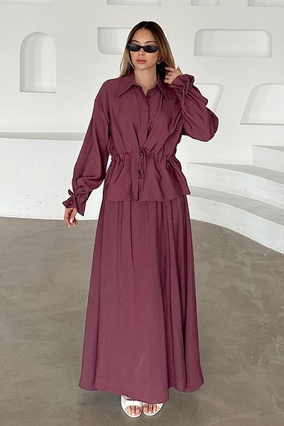 Olcay Gathered Detailed Skirt Jacket Modal Suit Gül 9347-Tk