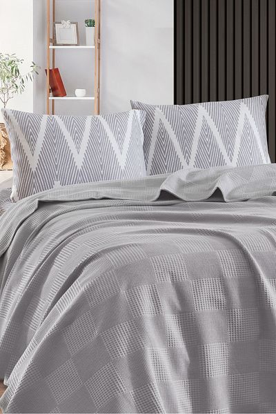Eponj Home Fitted Sheet Pique Set Double 100% Cotton 4 Piece K.Olivia Patterned Gray – Weave Series