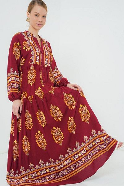 Aymood 2423 Authentic Patterned Hijab Dress - E. Burgundy
