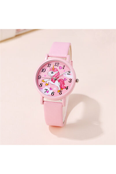 Choice ساعة أطفال كرتونية بسوار من الجلد الصناعي وردي لطيف على شكل وحيد القرن