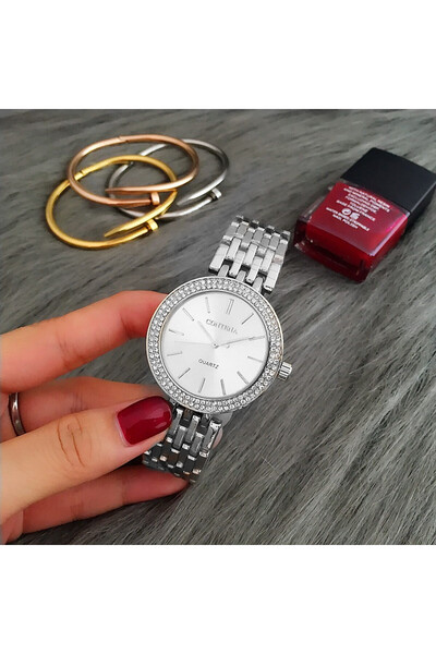 Choice ساعات نسائية فضية فاخرة من الفولاذ المقاوم للصدأ مرصعة بأحجار الراين س...