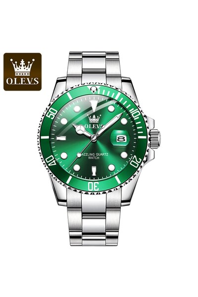 Choice ساعة OLEVS Top Original للرجال كوارتز فضية خضراء مقاومة للماء باللون الأخضر للرجال من الفولاذ المقاوم للصدأ Q