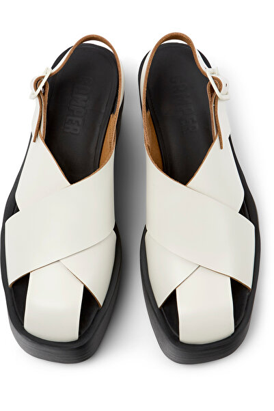 CAMPER Women's White Genuine Leather Comfy Thick Heeled Sandals with Back Strap Billie