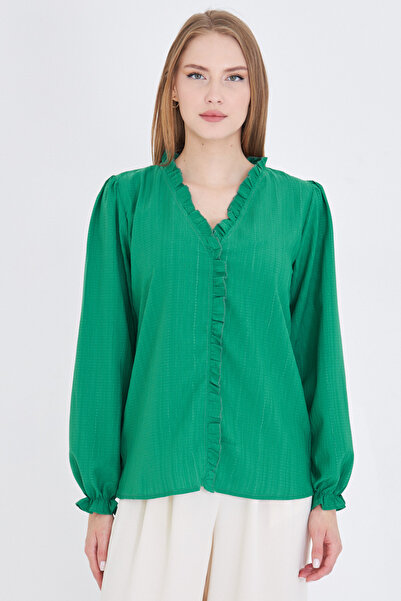 armonika Γυναικεία σκούρα πράσινη μπλούζα με λαιμόκοψη και βολάν μπροστά με λεπτομέρεια μανίκια με ελαστικό μακρυμάνικο μπλουζάκι ARM-25K001030