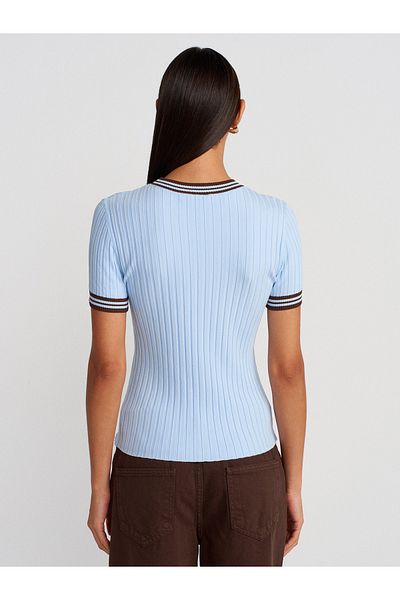 Dilvin 10765 Crew Neck Striped Knitwear Blouse-Blue-Brown