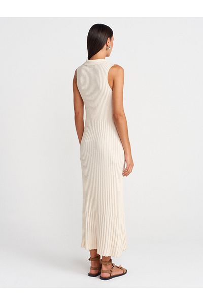 Dilvin 90249 V Polo Neck Ribbed Knitwear Dress-Ecru