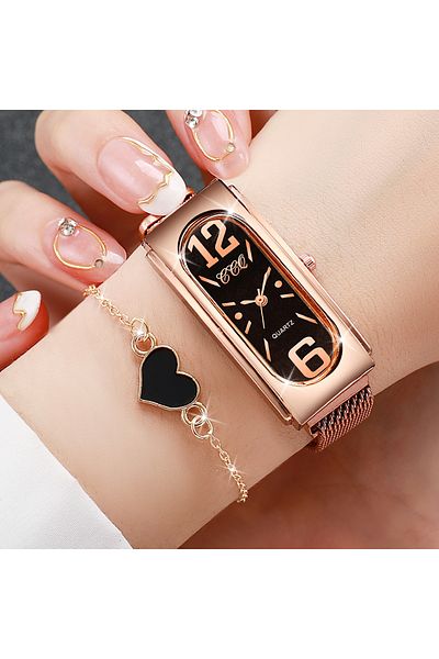 Choice 2PCS Set 2PCS/Set Fashion Rectangle Women's Quartz Watch Magnet Buckle Mesh Band Watches Bracelet Se
