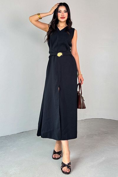 Cappmoda Elb-01790 Black Front Slit Design Gold Spiral Buckle Midi Dress