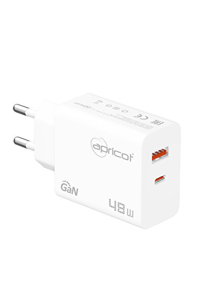 Apricot APC-U448 48W GaN Teknoloji Beyaz USB + PD Girişli Hızlı Ev Şarj Adaptörü