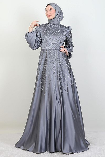 GİYZAMİLA Gülfem Satin Evening Dress Gray