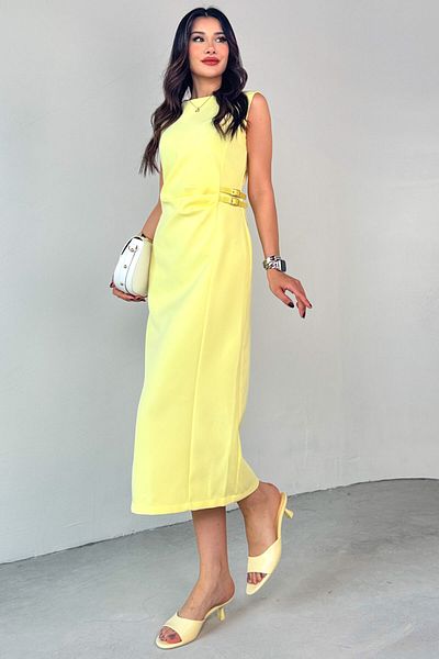 Cappmoda Elb-01789 Yellow Leather Belted Back Zipper Detailed Laminated Polyviscon Dress
