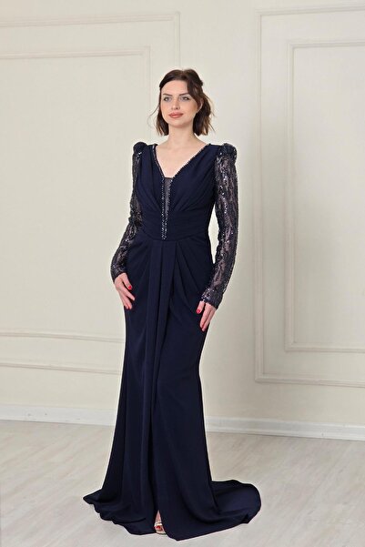 Yonca Moda Evi Lacivert Belden Drapeli Abiye 5225