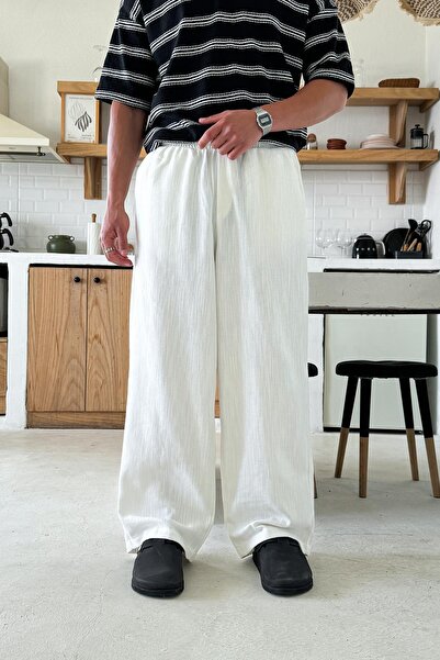 Flaw Wear White Waist Elastic Linen Baggy Trousers