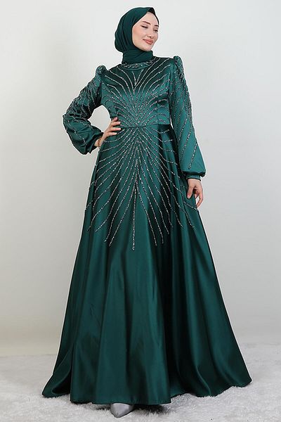 GİYZAMİLA Gülfem Satin Evening Dress Emerald