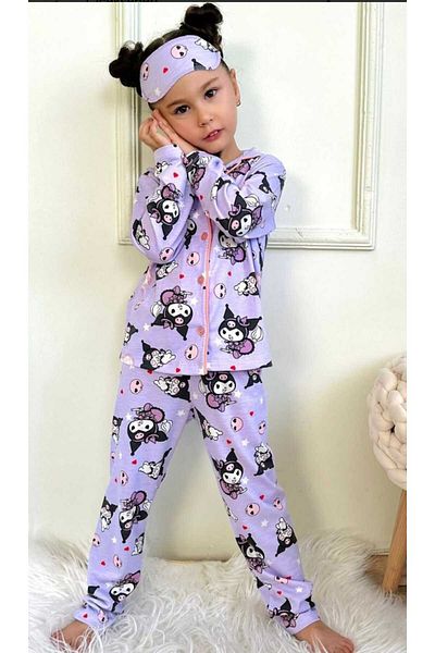 BİR DOZ ÇOCUK GÜLÜŞÜ Girl's Kuromi Lilac Long Sleeve Pajama Set Including Eye Patch