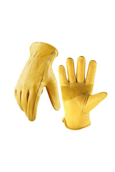 Choice M Yellow 1 Pair Of Flex Grip Leather Work Gloves, Stretchable Wrist Tough Cowhide Working Gloves (Ye