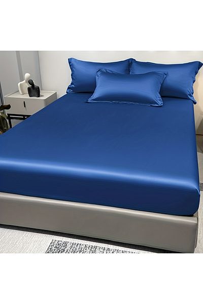 Choice 150x200cm Navy Blue 1 Simple Modern Satin Solid Color Fitted Sheet, Solid Color Ice Silk Bedspread F