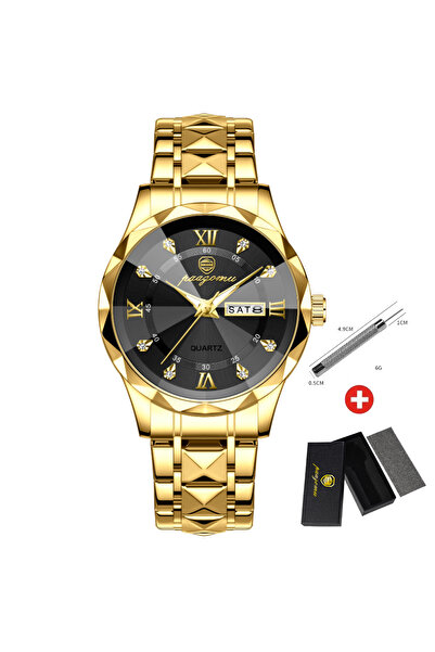 Choice ساعة يد رجالية فاخرة من PENGAGAR باللون الذهبي والأسود مقاومة للماء وم...