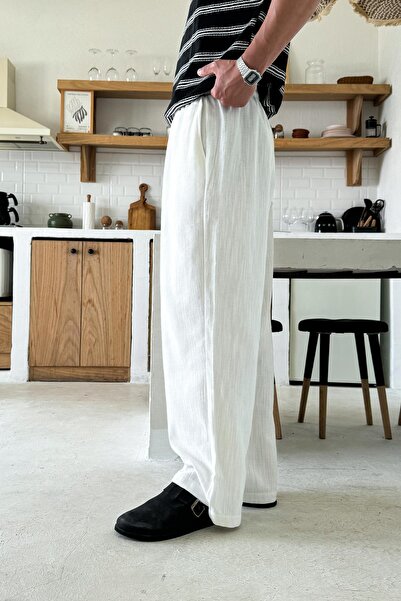Flaw Wear White Waist Elastic Linen Baggy Trousers