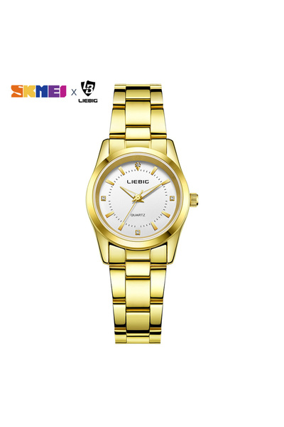 Skmei ساعات يد نسائية ذهبية موضة 2022 كوارتز ذهبية فاخرة بحزام فولاذي كامل مق...