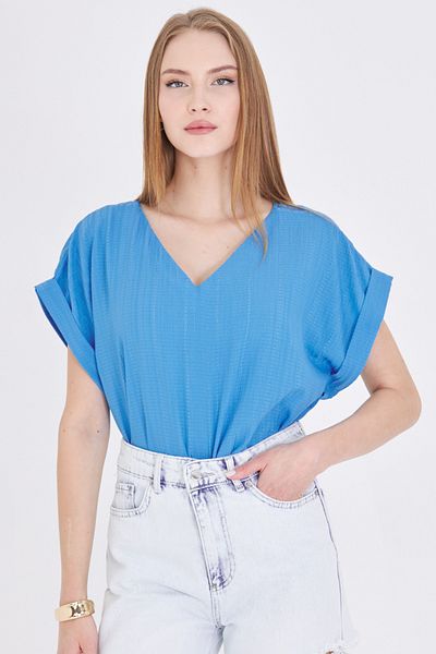 armonika Bluză oversize albastră pentru femei, cu decolteu în V, cu fantă laterală, cu spate lung și detaliu cu mâneci duble ARM-24Y001074