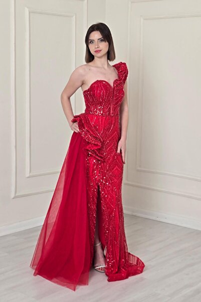 Yonca Moda Evi Kırmızı Volanlı Tül Detaylı Tasarım Abiye 4460