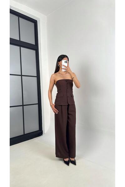 Gaus بدلة بتصميم من الكتان مكونة من قطعتين مع جيوب وسراويل ببطانة بأزرار بدون حمالات باللون البني المرير Gaus00440