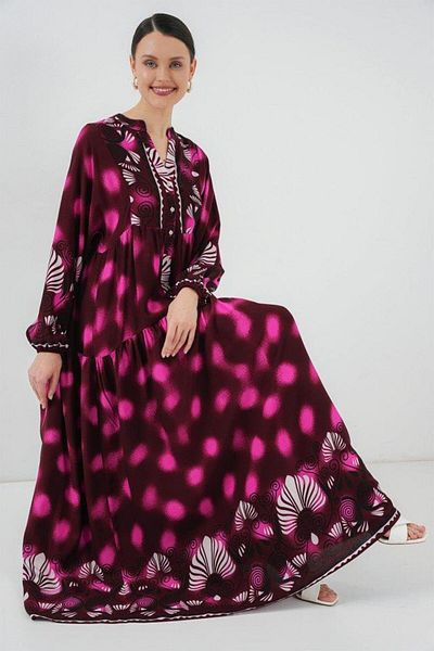 Aymood 2423 Rochie Hijab Autentică cu Motiv - Roșu Claret - Fucsia