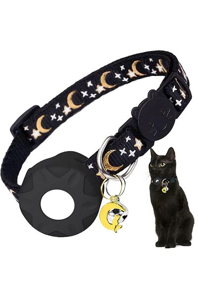 Choice Airtag not included Black(No Tracker) Apple Tag Pet Collar with AirTag Holder & Moon Ornament for Ki