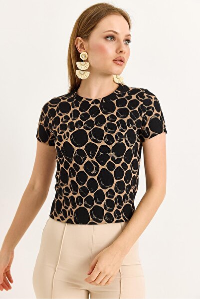 Raneel Kazançlı Alışveriş Geometric Pattern Short Sleeve Blouse Brown