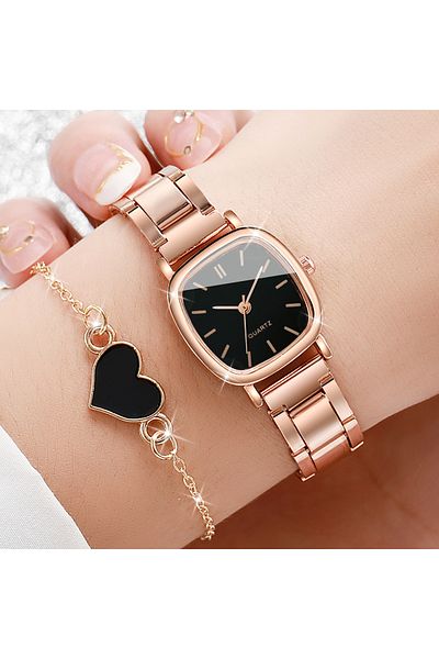 Choice 2PCS Set 2PCS/Set Women's Watch Fashion Square Stainless Steel Band Quartz Watches Heart Bracelet Se