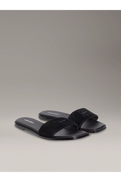 Calvin Klein Women's Outer Surface Suede Detailed Flat Comfortable Sole Black Slippers Hw0Hw02557-Beh