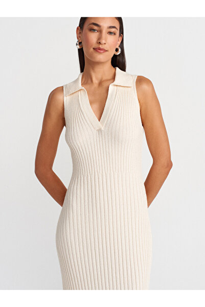 Dilvin 90249 V Polo Neck Ribbed Knitwear Dress-Ecru
