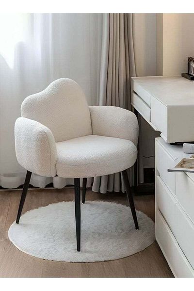 Taimi Boucle Fabric Chair with Arms, Comfortable Backrest and Metal Legs, Makeup Chair - White