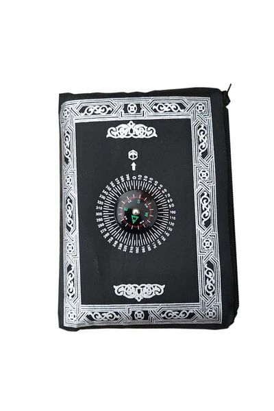 Choice CHINA 60X100CM Black Prayer Rug Polyester Portable Braided Mats Simply Print with Compass In Pouch T